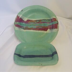 Hand Made and Painted Shallow Bowl Plate and Trinket Dish Green Purple Glazed